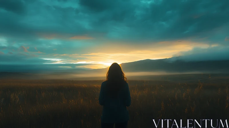 Solitary observer under stormlit sunrise across open fields.