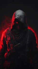 Hooded figure in tactical gear with red backlit silhouette.
