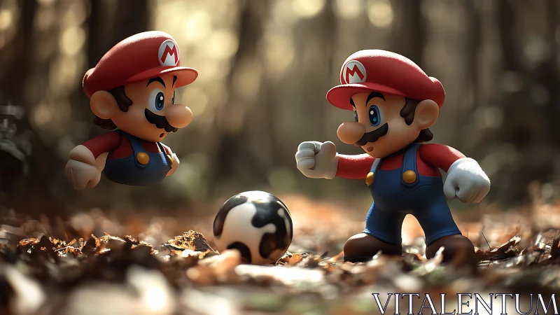 Playful Mario toys share a cozy forest soccer moment