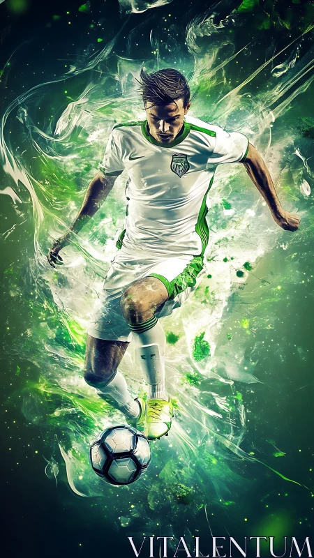 Dynamic soccer forward drives ball through neon energy field.