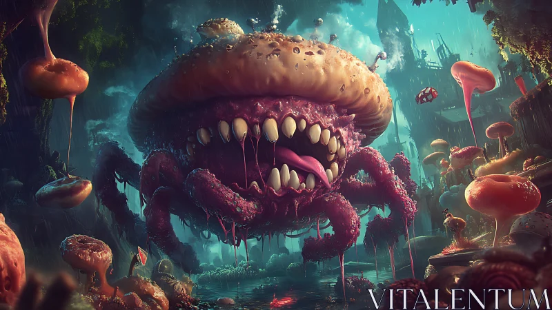 Burger beast skitters through neon swamp in hungry delight