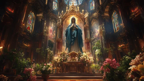 Baroque cathedral altar frames illuminated Marian statue amid dense florals