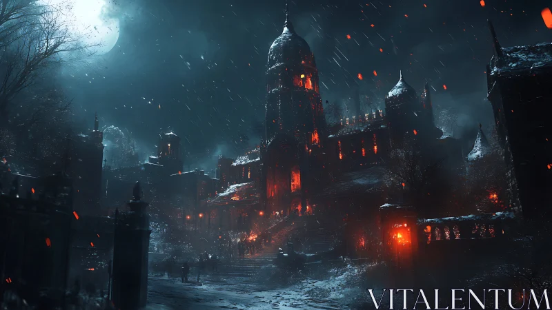 Moonlit Ember Castle In A Snowstorm Of Stories.