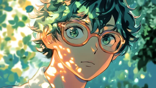 Anime portrait in dappled forest light with soft bokeh composition.