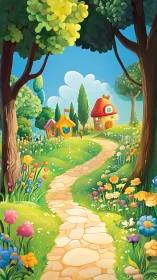 Whimsical Cottage Garden Path Through Enchanted Forest