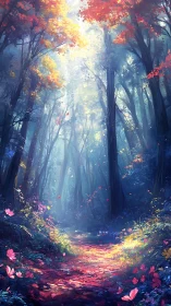 Luminescent forest pathway with volumetric light rendering and autumn foliage cascades