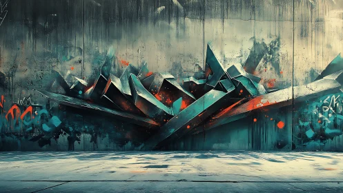 Geometric teal and red graffiti mural on weathered wall.