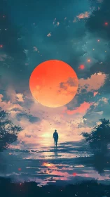 Silhouette figure beneath large red sun over reflective water.