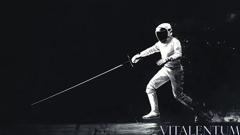 Dynamic foil lunge under stark monochrome arena lighting.
