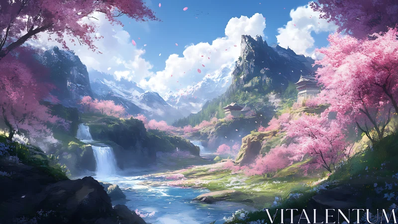 Blossoming mountain valley invites calm wanderer daydreams