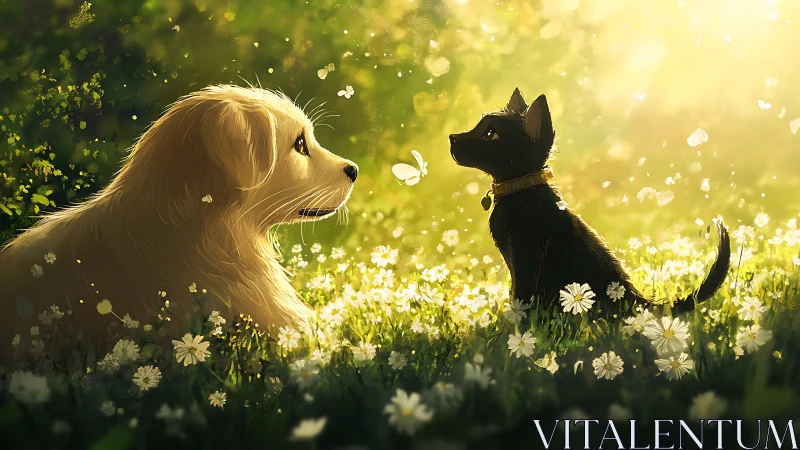 Sunlit meadow pause with puppy, kitten and drifting light.