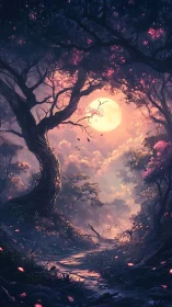 Enchanted moonlit forest path glows beneath soft pink skies