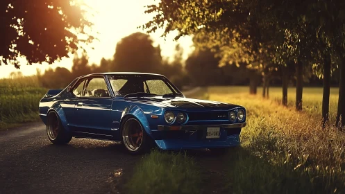 Sunlit blue classic car resting on a peaceful country lane.