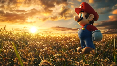 Sunny game hero wanders through a golden evening field