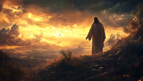 Solitary robed figure observing illuminated valley at sunset.