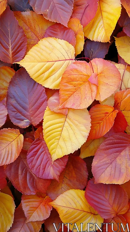 Autumn foliage closeup with vivid red, orange, yellow leaves.