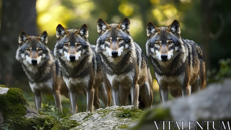 Curious forest wolf pack sharing a quiet moment together.