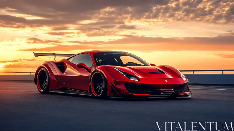 Sculpted red supercar profile in cinematic sunset rendering.