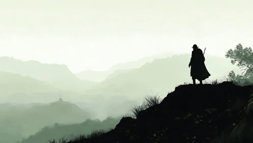 Lone wanderer surveys misty green mountain valley ridge.