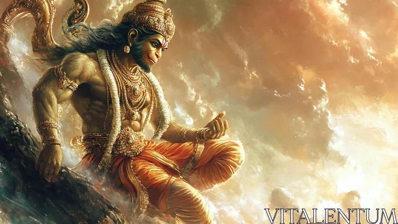 Divine warrior leaping through luminous celestial clouds.