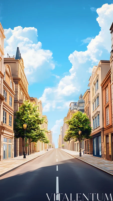 Sunlit European boulevard under vivid blue summer sky.
