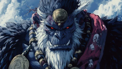 Warrior ape demigod glares beneath storm-bright skies