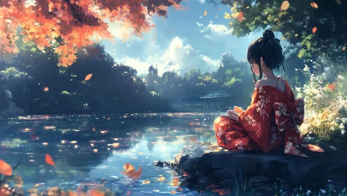 Girl in red kimono sits by reflective lakeside in autumn