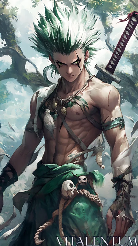 Forest warlord with storm-white hair and feral resolve.