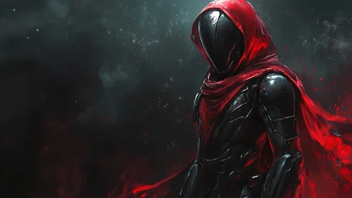 Hooded sci fi warrior in red cloak on dark background.