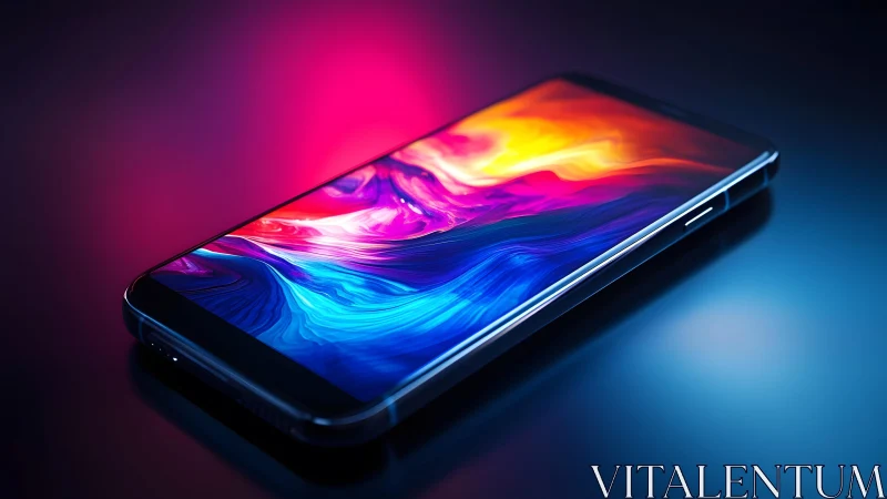 Modern smartphone with vibrant abstract display, neon lighting effect. Modern smartphone with vibrant abstract display, neon lighting effect.