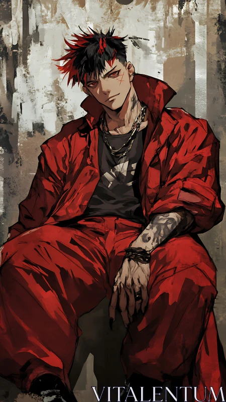 Angular anime portrait of tattooed man in red jumpsuit with gritty textures