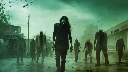 Green sky shambles with a grim parade of urban zombies.