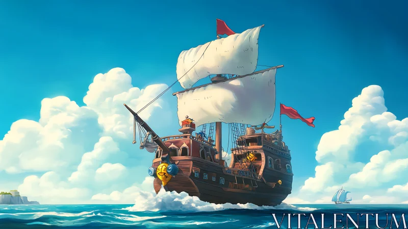 Stylized wooden sailing ship advances across calm open sea