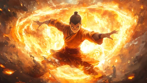 Fire manipulation figure performing dynamic body control against luminous backdrop