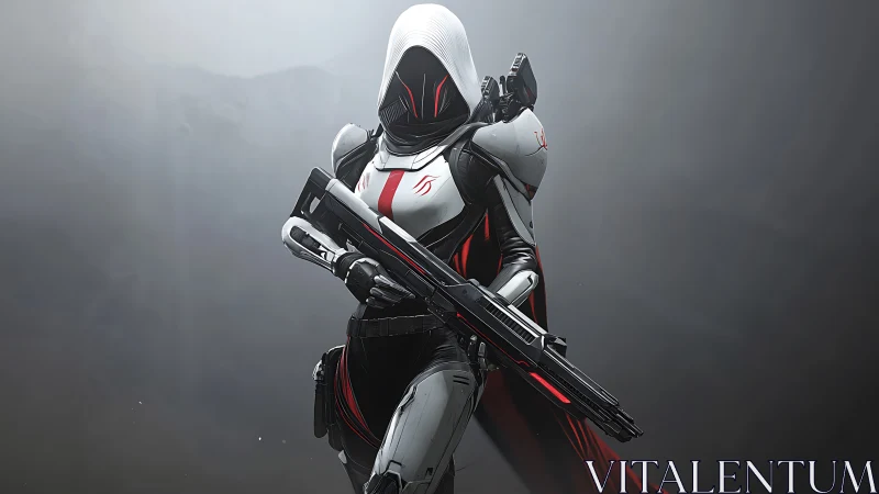 Hooded futuristic soldier in white and black armor with rifle.