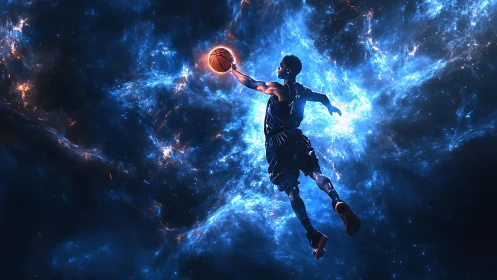 Basketball player executes cosmic dunk amid luminous nebula field