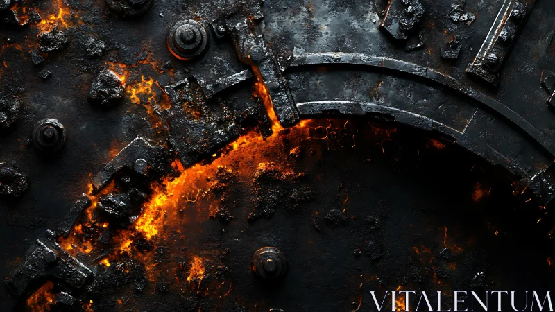 Molten fissure cuts through charred steel industrial surface