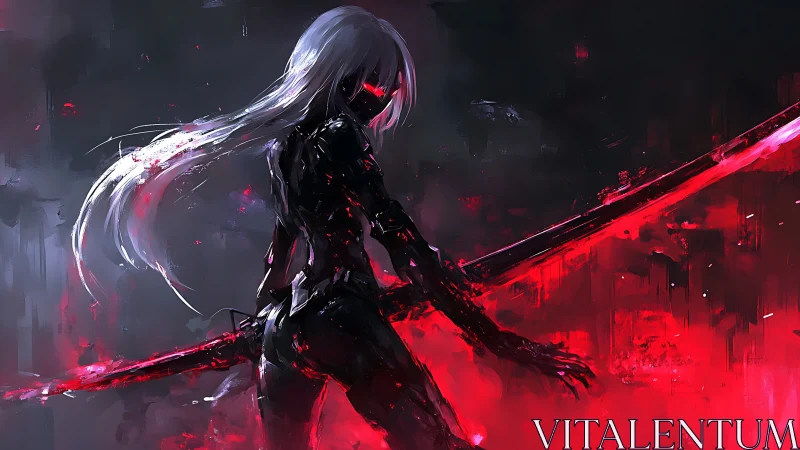 Dark cyber warrior with sword in red and black storm