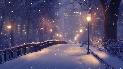Soft winter snowfall welcomes a quiet evening city park walk