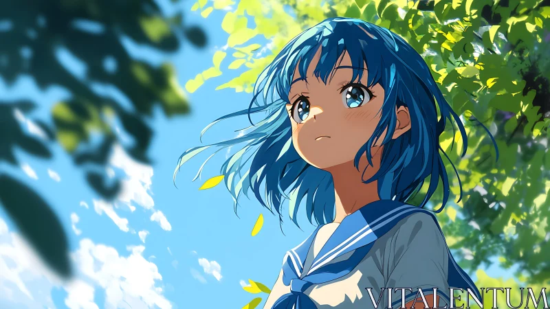 Blue haired student in uniform under sunlit green foliage.