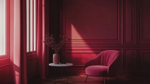 Crimson lounge corner glows with soft directional light.