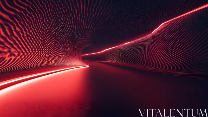 Neon waveform tunnel with red light streaks in abstract motion.