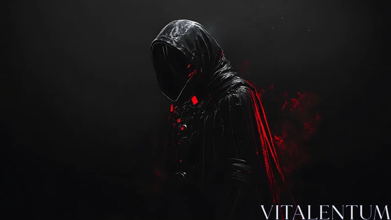Hooded cyber wraith cloaked in shadow and red embers.