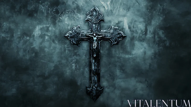 Gothic metal cross relief on textured cold blue atmospheric wall