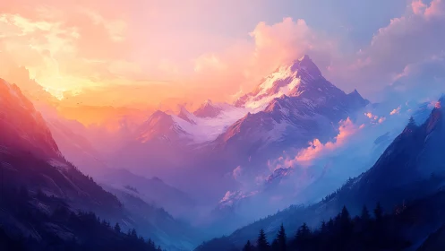 Luminous alpine peaks under radiant pastel sunrise sky.