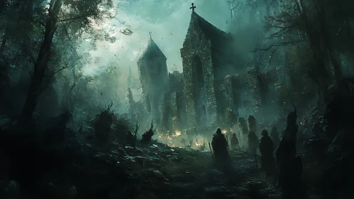 Ruined stone church in dense forest with torchlit figures.