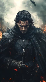 War-torn cloaked swordsman in cinematic battlefield haze.