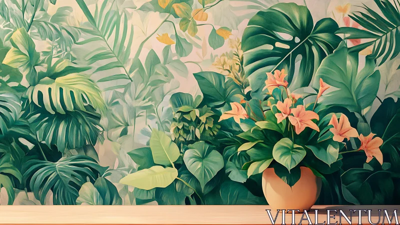 Tropical foliage mural with peach lilies in ceramic pot.