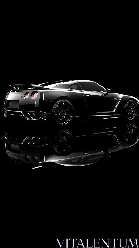 Black sports coupe rear profile on reflective black background.
