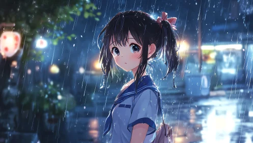 Schoolgirl stands under neon rain in quiet night street